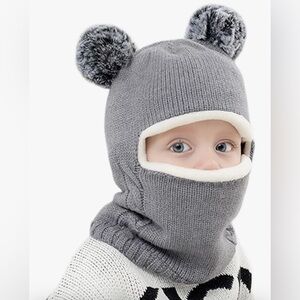 Cozy Gray Knit Balaclava with Pom Poms